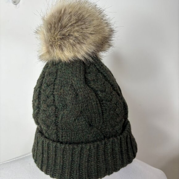 Pendleton Hat Wool Blend Cable Knit Beanie w/ Faux Fur Pom Pom O/S Olive Green - Picture 7 of 8